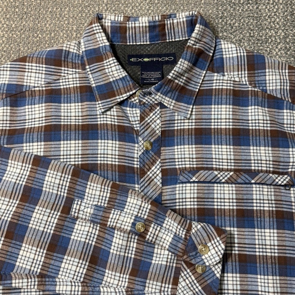 ExOfficio Plaid Flannel Button Up Shirt Mens‎ Large Blue/Brown Outdoor